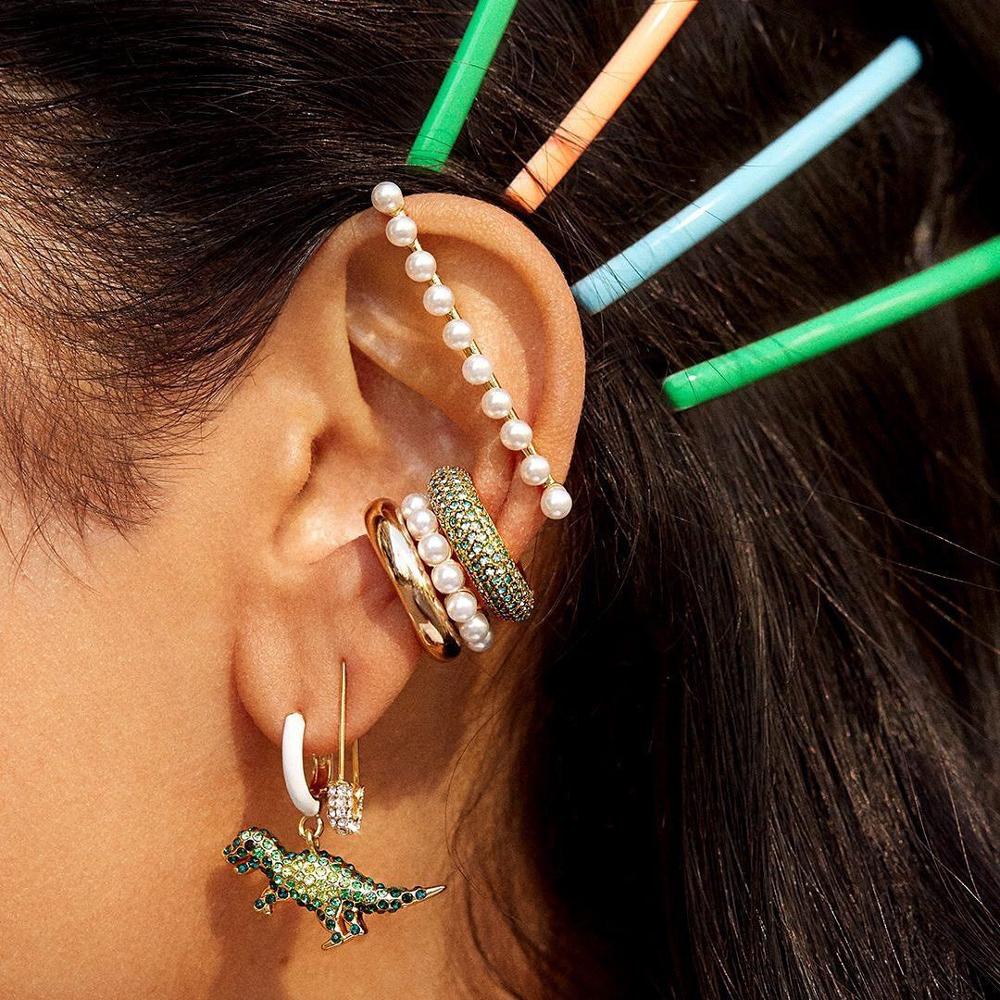 Mode Leuke Dinosaurus Hanger Earring Voor Vrouwen Cirkel Parels Crystal Oor Manchet Huggie Hoop Earring Bohemen Sieraden Brincos