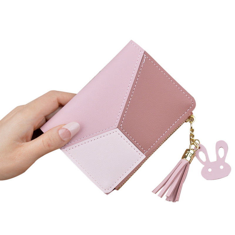 Women Wallets with Zipper Pink Phone Pocket Purse Card Holder Patchwork Women Long Wallet Lady Tassel Short Coin Purse: A Pink