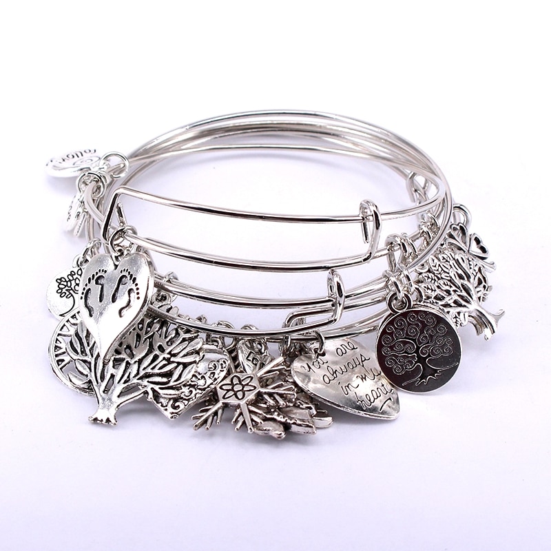 5pcs Bangle Set Wire Bracelets for Women Girls Jewllery Mixed Life Tree Charm Expandable Bracelets for Christmas C038