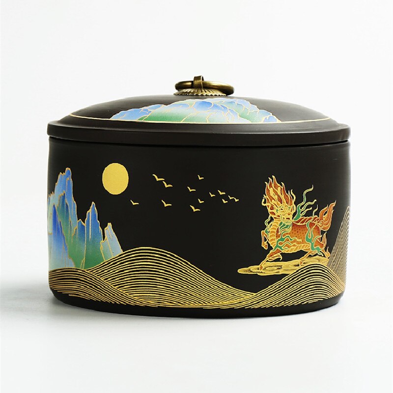 Hand Geschilderde Landschap Schilderen Paarse Klei Thee Caddy Opslagtank Reizen Theezakje Verzegeld Thee Pot Koffie Organizer Bus