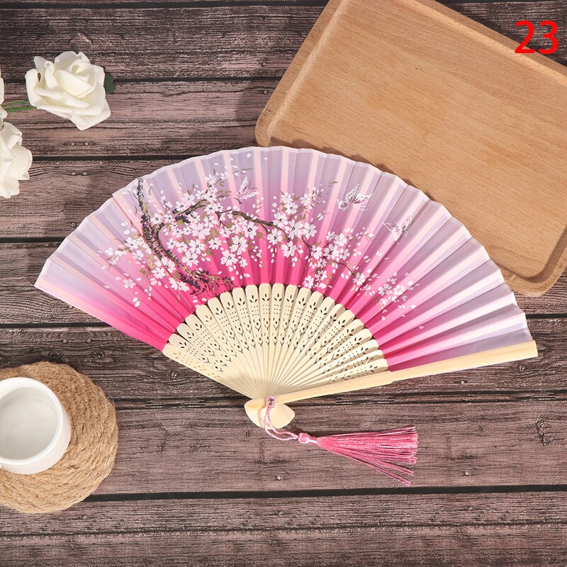 1PC Retro Chinese Japanese Silk Bamboo Folding Fan Home Decoration Ornaments Floral Painting Hand Held Fans Dance Party