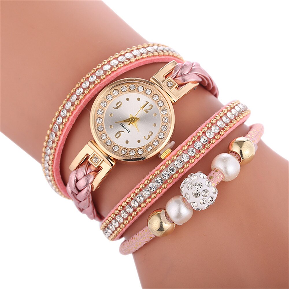 Vrouwen Lederen Dames Quartz Horloge Horloges Mooie Metalen Hanger Dames Ronde Armband Horloge Klok Mode