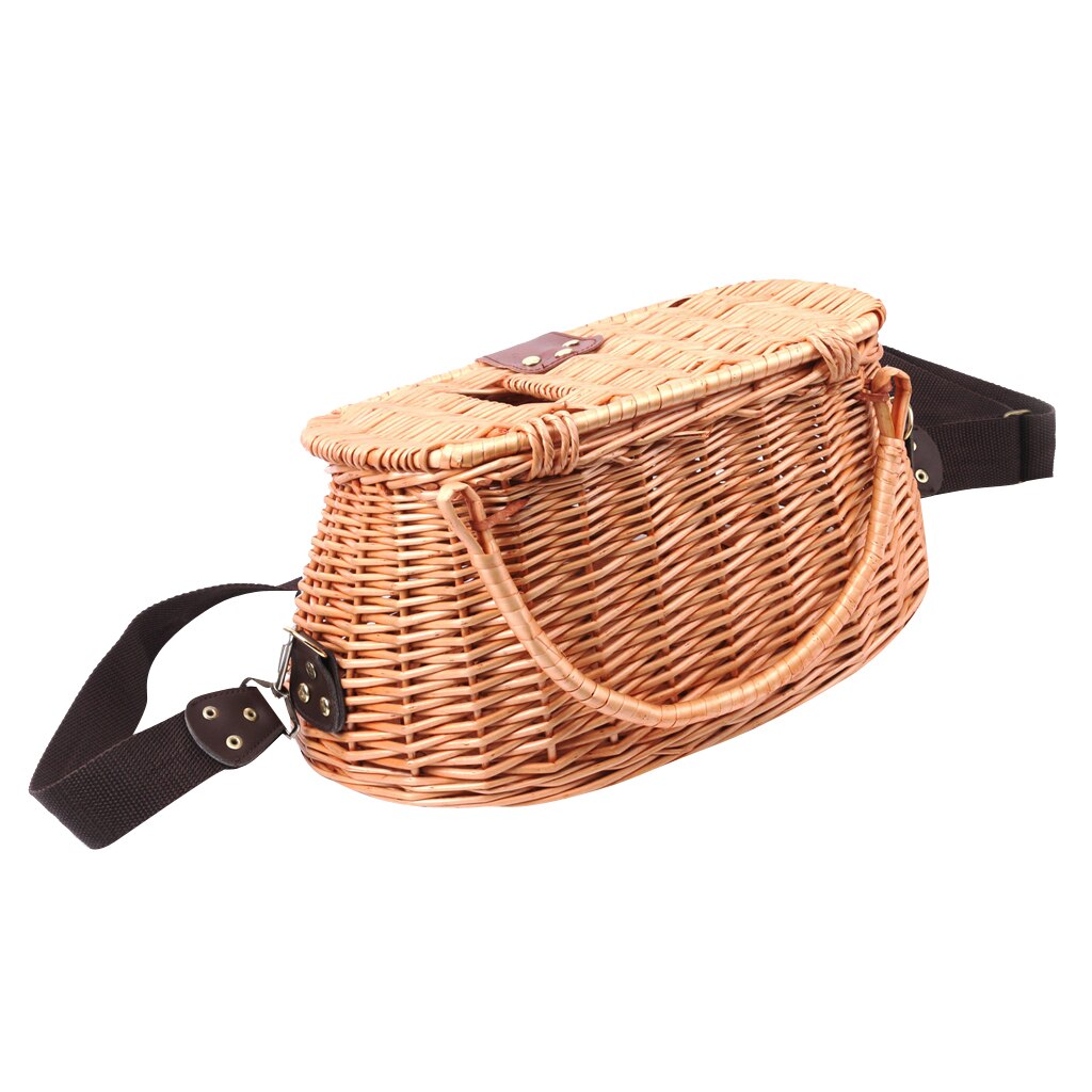 Wicker Fish Basket Fishing Creel Trout Perch Cage Tackle Fisherman Traps Box with Adjustable Strap
