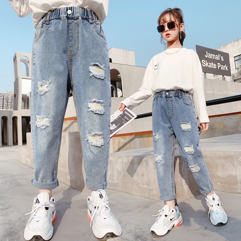 Teen Girls Harem Pants With Five Destroy Hole Spring Autumn High Waist Ripped Kids Teenager Denim Trousers 4-14Years