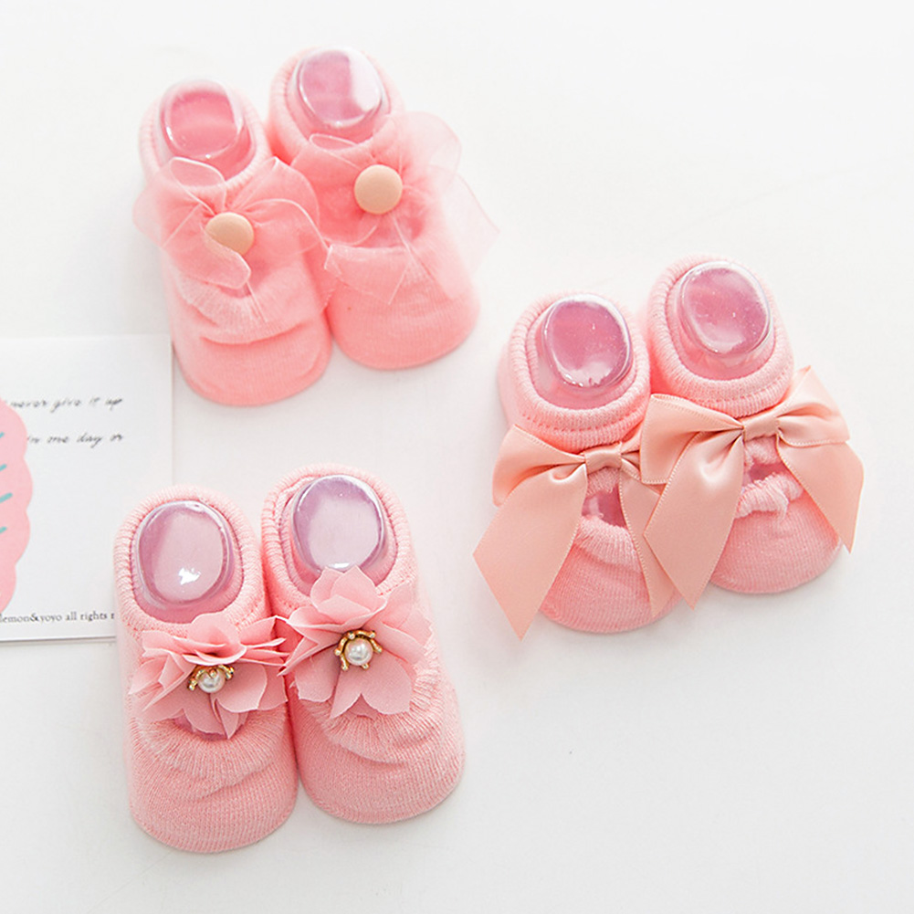 Baby Boat Bow Tie Cotton Socks Hole Girls Slippery Floor Lace Flower: Pink