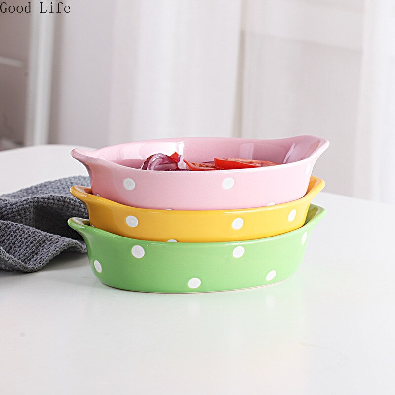 Polka Dot Cheese Baked Rice Plate Microwave Oven Ceramic Western Food Dish Kitchen Tableware Home Baking Bowls