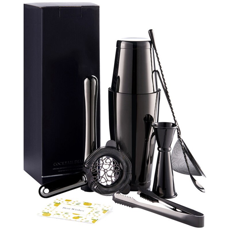 7Pcs Set 750 + 550 Ml 304 Roestvrij Staal Cocktail Shaker Cocktail Mixer Wijn Martini Drinken Boston Stijl Shaker party Bar Gereedschap: Black