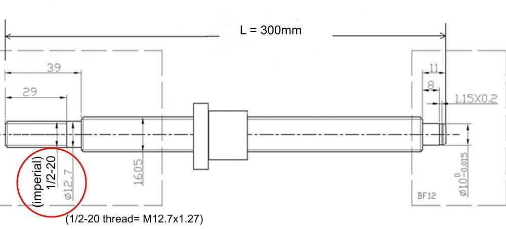 1/2-20 thread end machined SFU1605 300mm C7 ballscrew with one 1605 flange single ball nut