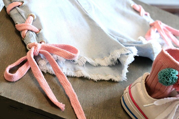 summer children kids clothes denim pants soft cute side contrast color cross strap baby girl shorts jeans