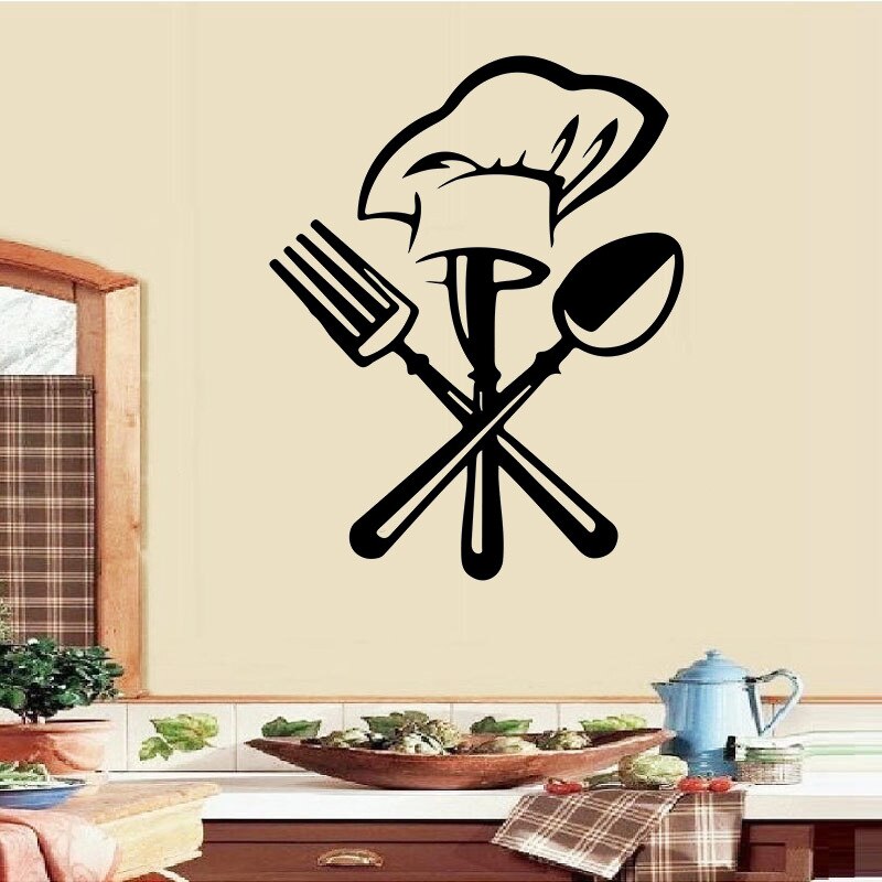 Creatieve Bestek Mes Vork Chef Hoed Muur Stickesr Voor Keuken Restaurant Decoratie Muurschildering Decals Behang Home Decor Stickers
