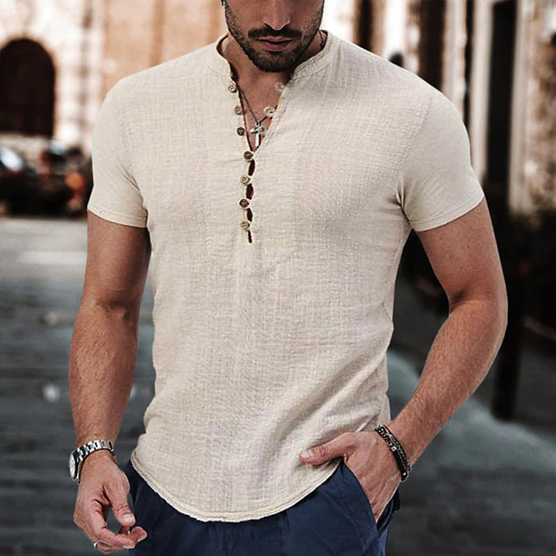 Camiseta de manga corta para hombre, camisa de lino y algodón con botones y cuello en V, ropa informal, Tops populares para hombre 2023: XXXL / Beige