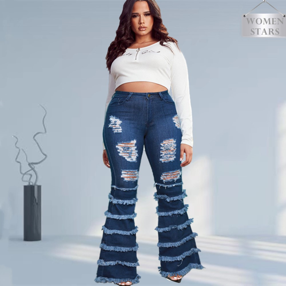 Plus Size Jeans Women Denim Pants Ripped High Waist Bottom Tassel Boyfriend Streetwear Birthday Outfits