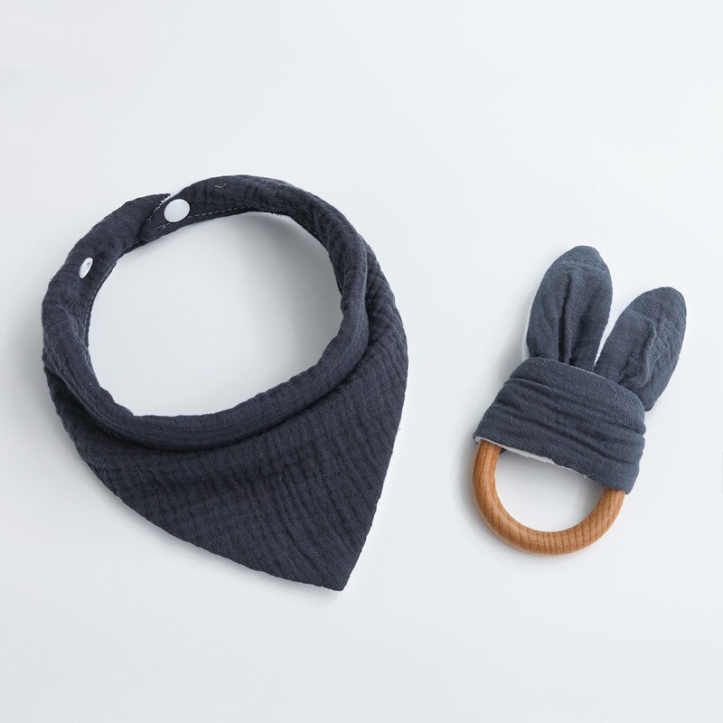 2 Stks/set Baby Jongen Meisje Driehoekige Sjaal Speeksel Tissue Molars Ring Houten Bijtring Set Katoenen Mousseline Slabbetjes Effen Kleur Burp doek: deep navy