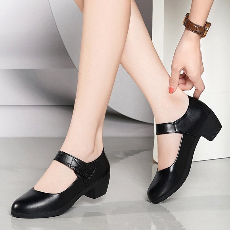 women spring leather pumps square toe casual female mary janes party shoes ladies black low heels shoes plus size
