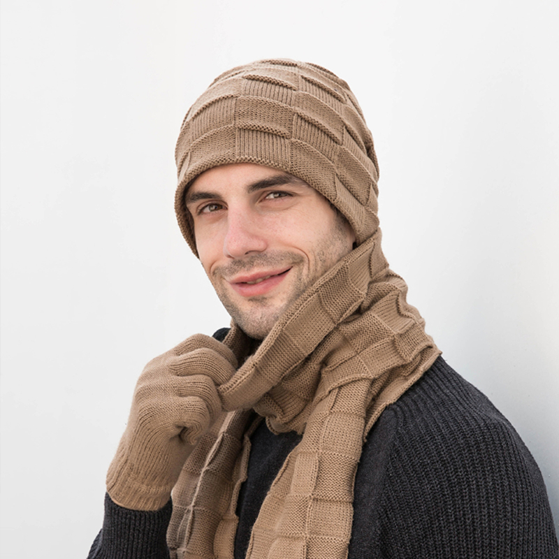Conjunto de guantes de punto para hombre y mujer, gorros Unisex, sombrero, anillo, bufanda, gorro grueso y cálido, Retro, sólido, suave, , Invierno
