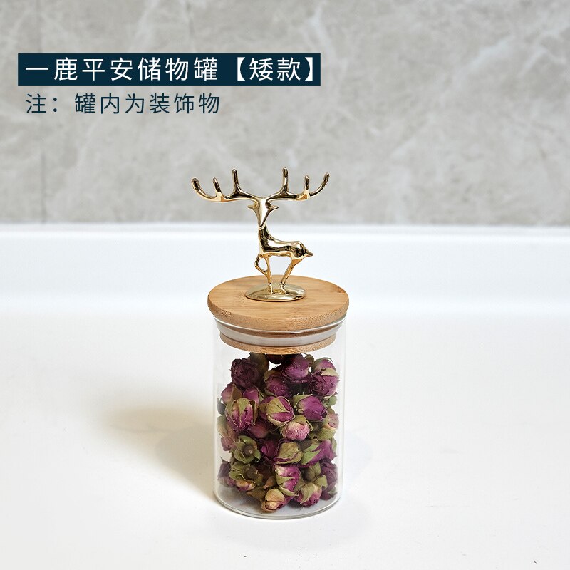 Contenedor de té europeo, sencillo, ciervo dorado, vidrio decorativo, especias, bote frasco para almacenar dulces con tapa de madera, latas de granos de té Caddy: A