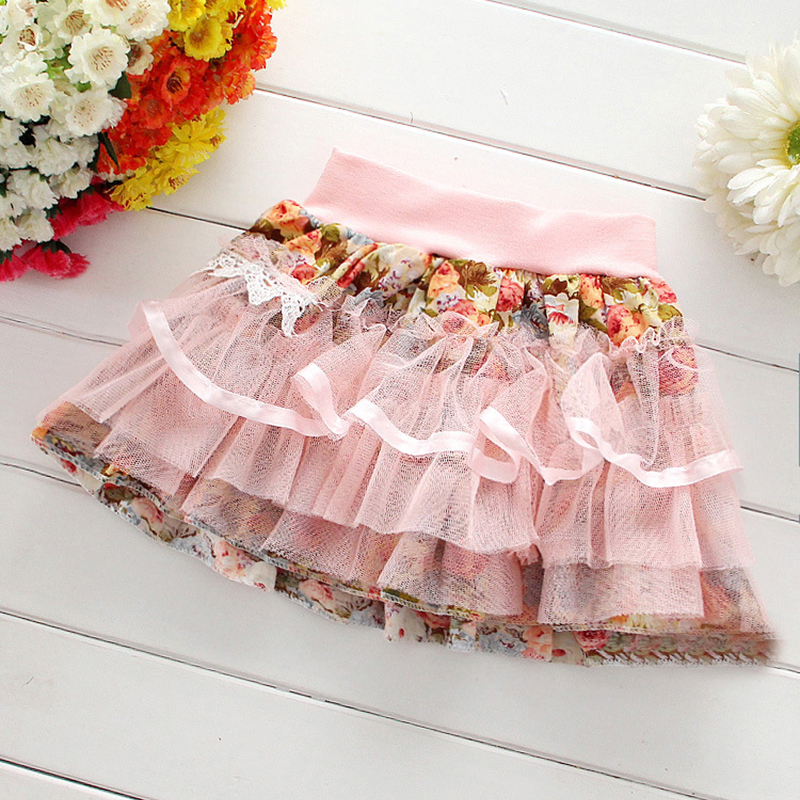 Girls' Printed Mesh Stitching Skirt Summer Style Bow Stretch Pleated Sweet And Cute Princess Children's Floral Skirts WT635: Pink / 120 size