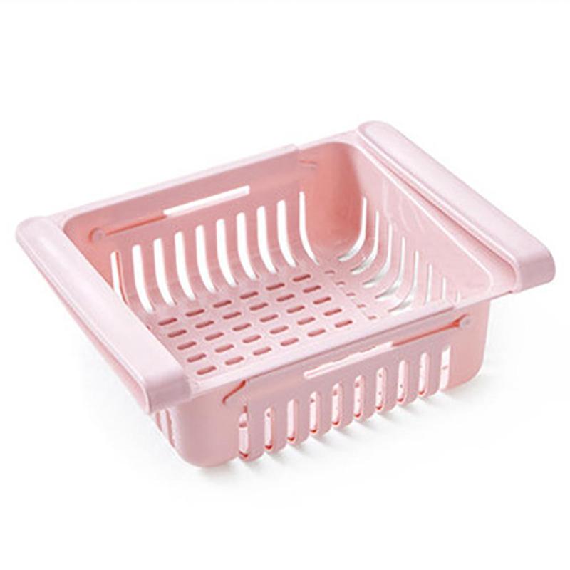 Adjustable Refrigerator Storage Busket Rack Shelf Fridge Drawer Shelf Kitchen Organizer Fruit Vegetable Washing Basket: Pink Box