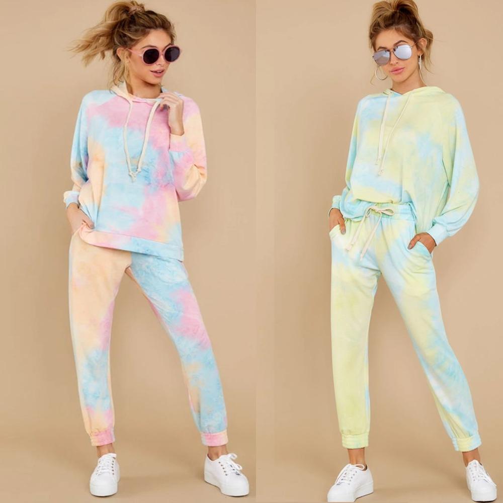 Ropa De Niña Loungewear binden-gefärbt Gedruckt verlieren Beiläufige Hoodie Lange Settracksuit Frauen 2 Stück Passenden einstellen Strainingspak Frauen