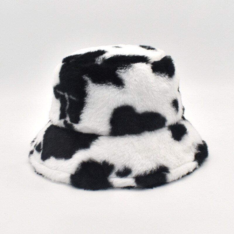 Vinter faux pels spand hatte til kvinder pige ko print plys fløjl varm panama sort hvid fisker spand hatte bob: -en