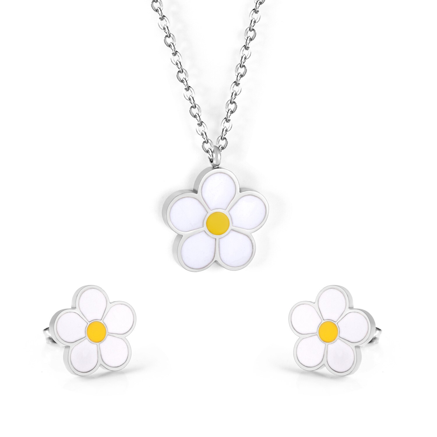 LUXUKISSKIDS collana con ciondolo in fiore di pesco in stile coreano orecchini per donna a forma di fiore set di gioielli per feste bijoux femme: Silver