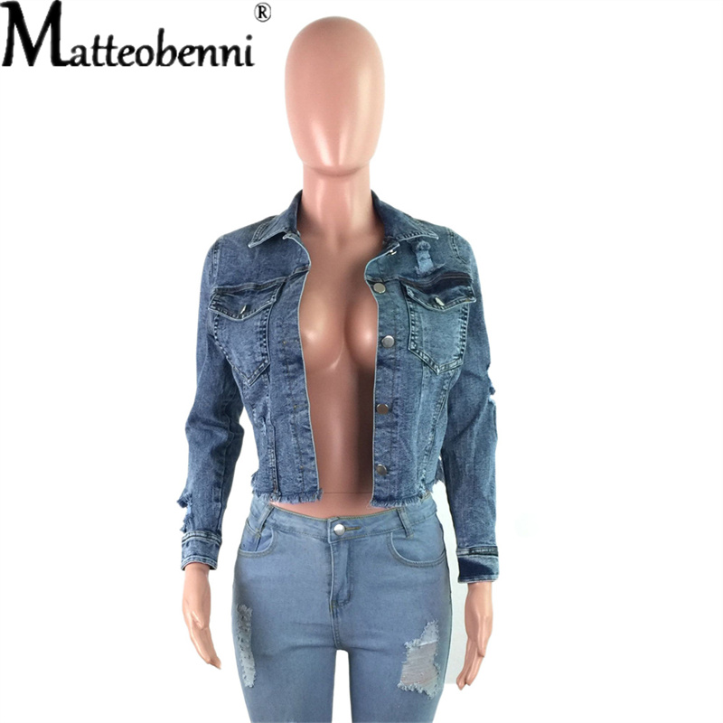 Blau Abgeschnitten Denim Jacken Frauen Lange Hülse Mit Geschmack Taschen Jahrgang Mantel Herbst Winter Streetwear gerissen Jean Outwear