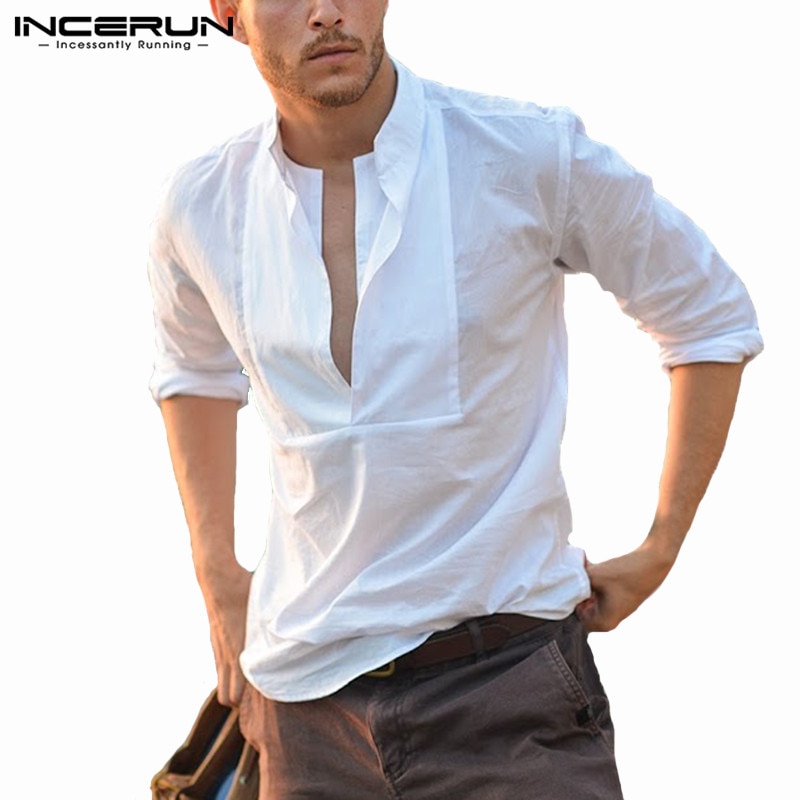 INCERUN Casual Shirt Men Long Sleeve V Neck Solid Color Slim Fit Male Shirt Streetwear Blouse Tops Camisa Plus Size