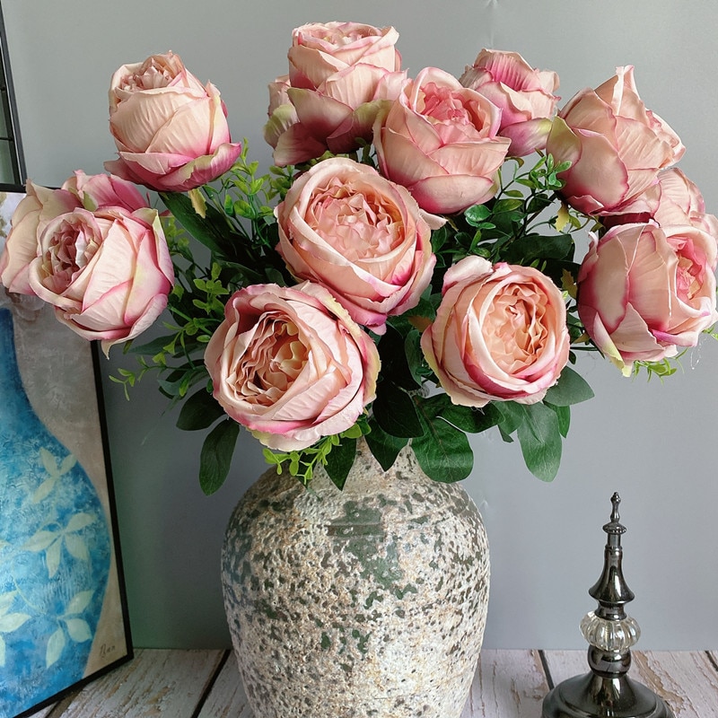 Grote Euro Retro Kijken Rose Pioen Boeket Met Nep Bladeren Zijde Kunstmatige Bloemen Voor Thuis Bruiloft Decoraties Flores