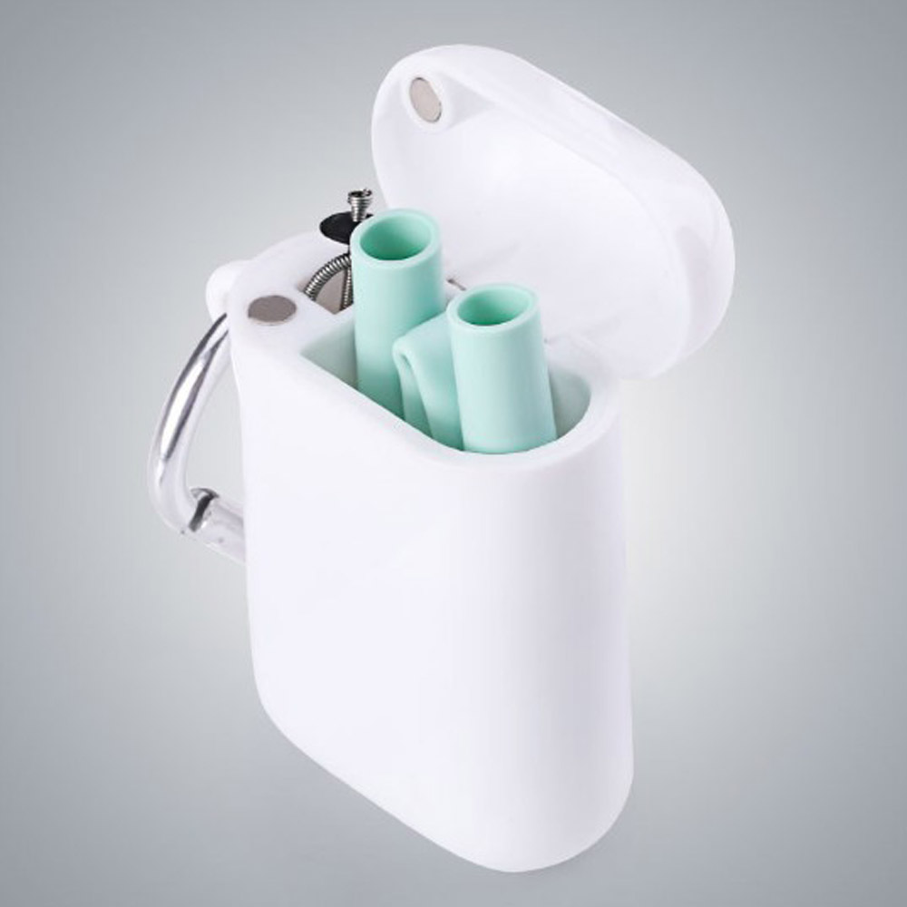 Reusable Food Grade Silicone Straw Outdoor Portable Foldable Drinking Straw With PP Luxury Carrying Case and Cleaning Brush: Green