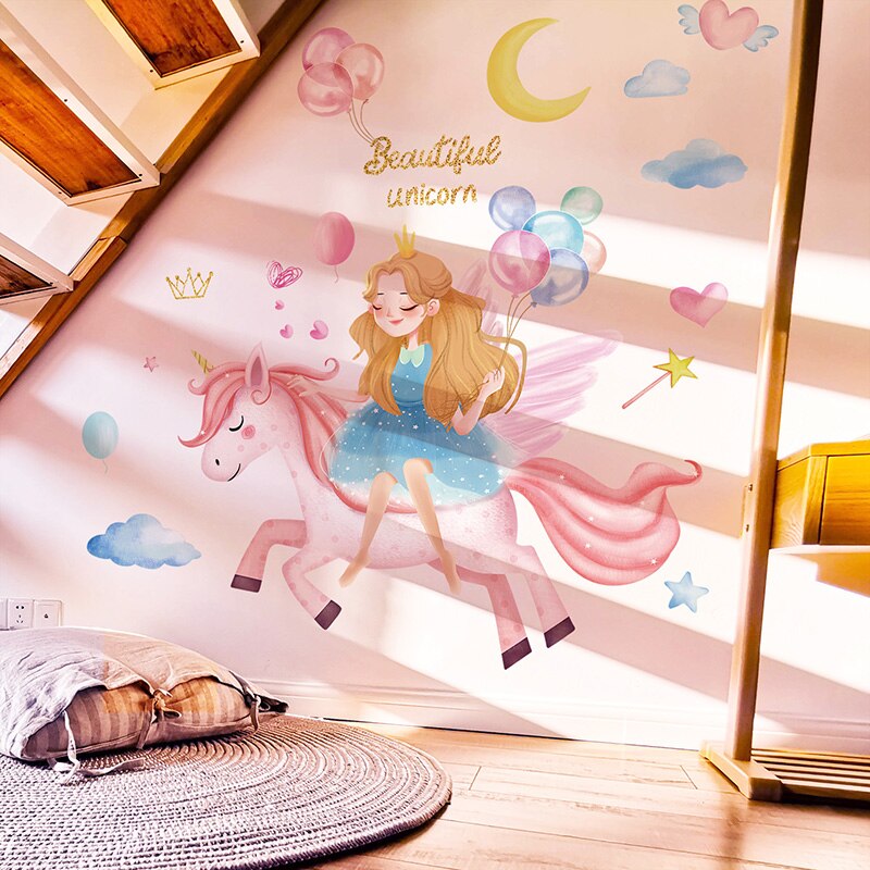 Cartoon Meisje Muurstickers Diy Eenhoorn Dier Muurstickers Voor Kinderen Slaapkamer Babykamer Nursery Woondecoratie