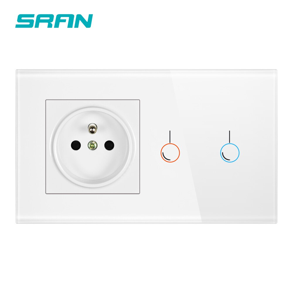 Sran Franse Touch Sensor Schakelaar Met Socket Crystal Glass Panel 170 ~ 250V 16A 146*86 Stopcontact met Lichtschakelaar 2 Gang 1 Manier: White 2gang 1way FR