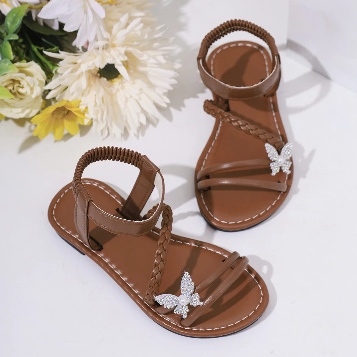 Sandalias cómodas de tejido marrón para niña con lazo de diamantes de imitación, bonitos zapatos de princesa para calzado infantil