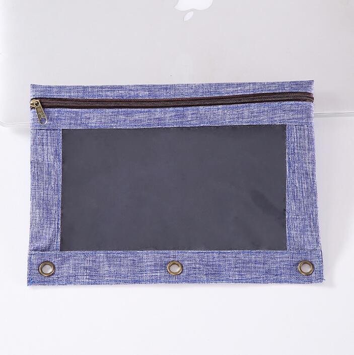 3 ringe bindemiddelpose med sort aftagelig lynlåsaftrækker, penalhus med dobbelt lomme og netvindue: Blå