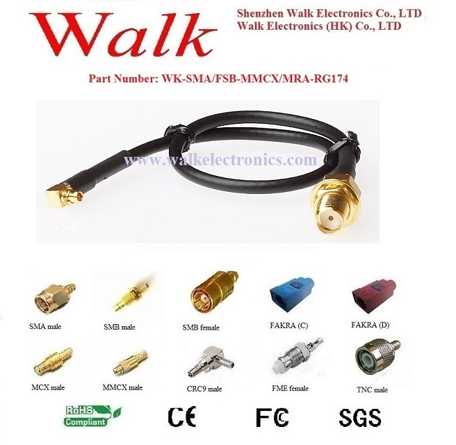 mmcx connector jumper cable assembly: SMA female straight bulkhead to MMCX male right angle with RG174 cable