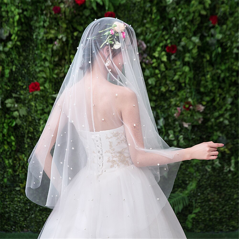 Short Wedding Veil Bridal Veil Face-Covered Blusher Veil with Pearls One Layer Tulle Square velo de novia No Comb