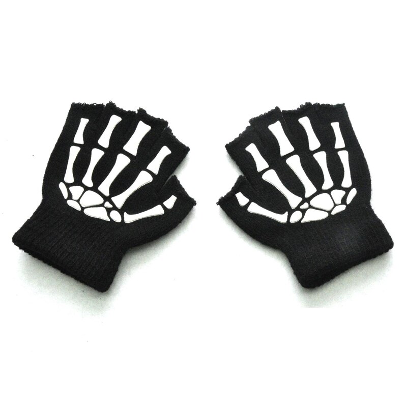 Impressão de esqueleto fluorescente crânio malha metade dedo luvas fresco outono inverno preto ridding tricô para crianças 5-12y