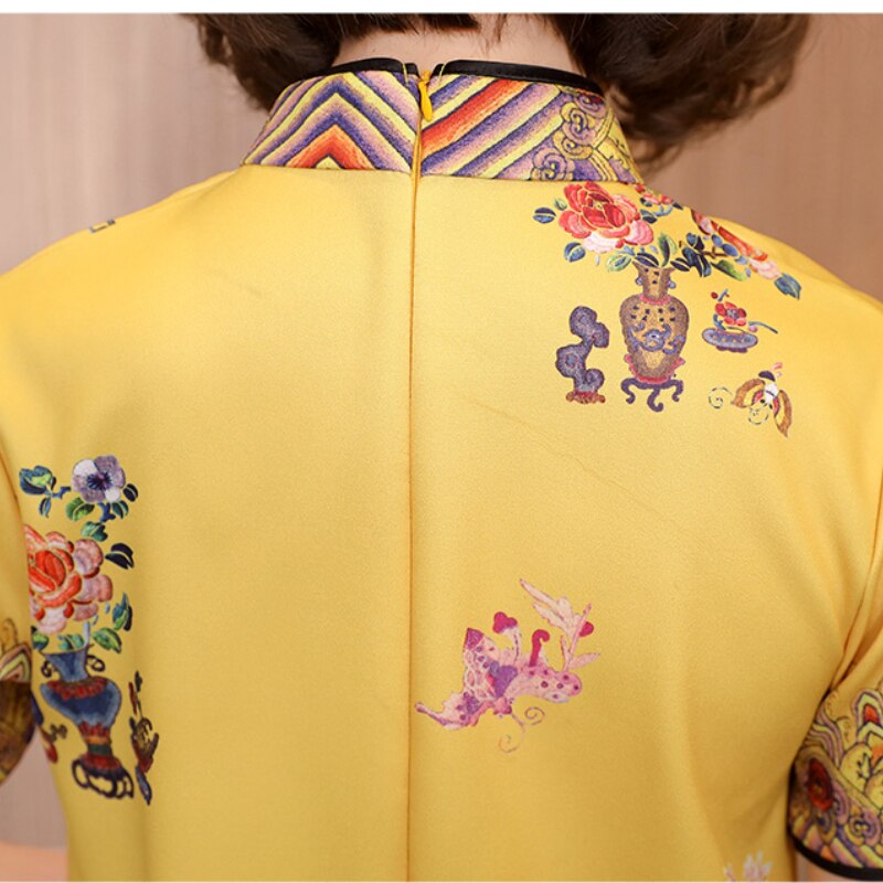 Qipao-vestido chino tradicional de manga corta para mujer, vestido Cheongsam de tendencia moderna, suelto, M-XXL, amarillo y negro, novedad de