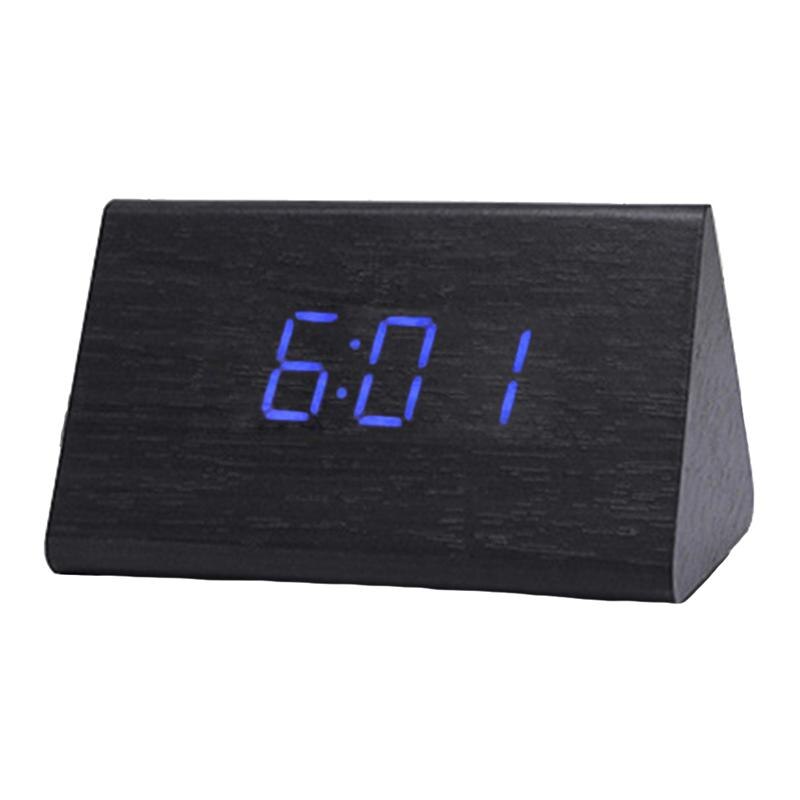 Moderne trekantet led træ vækkeur klassisk digital lydkontrol skrivebord ur termometer (sort træ og hvidt lys): Sort 1