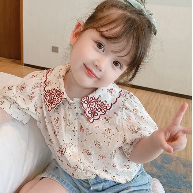 Camisa de algodón para niñas de 2 a 7 años, Blusa de manga corta, ropa de bebé, Tops Vintage rosa y blanco