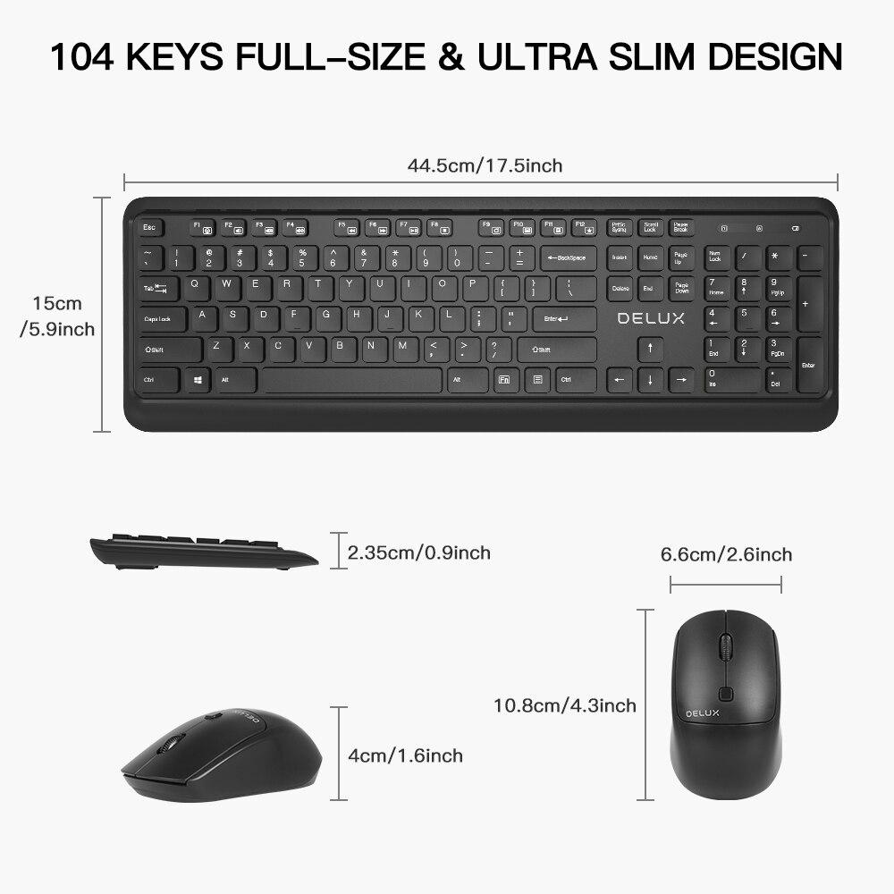 Delux KA190G 104 Full-size Keyboard slim 2.4Ghz wireless keyboard and Mouse Combo Energy saving For Computer PC Laptop