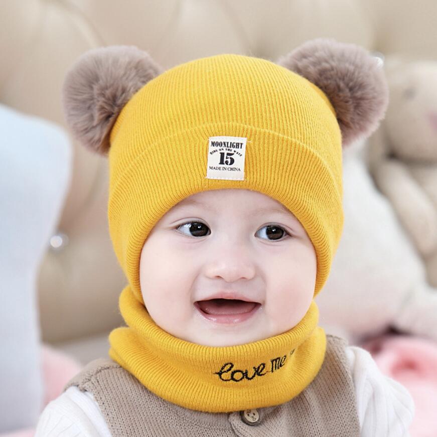 Winter Baby Girls Hats Scarf Set Soft Warm Children Pompom Accessories For 0-2 Years Kids Spring Autumn Caps: C Yellow