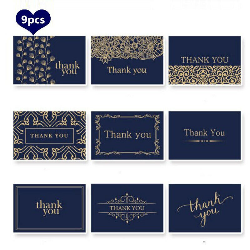 Thank You Notes Navy Blue and Gold - Blank Note Cards with Envelopes 9 Cards