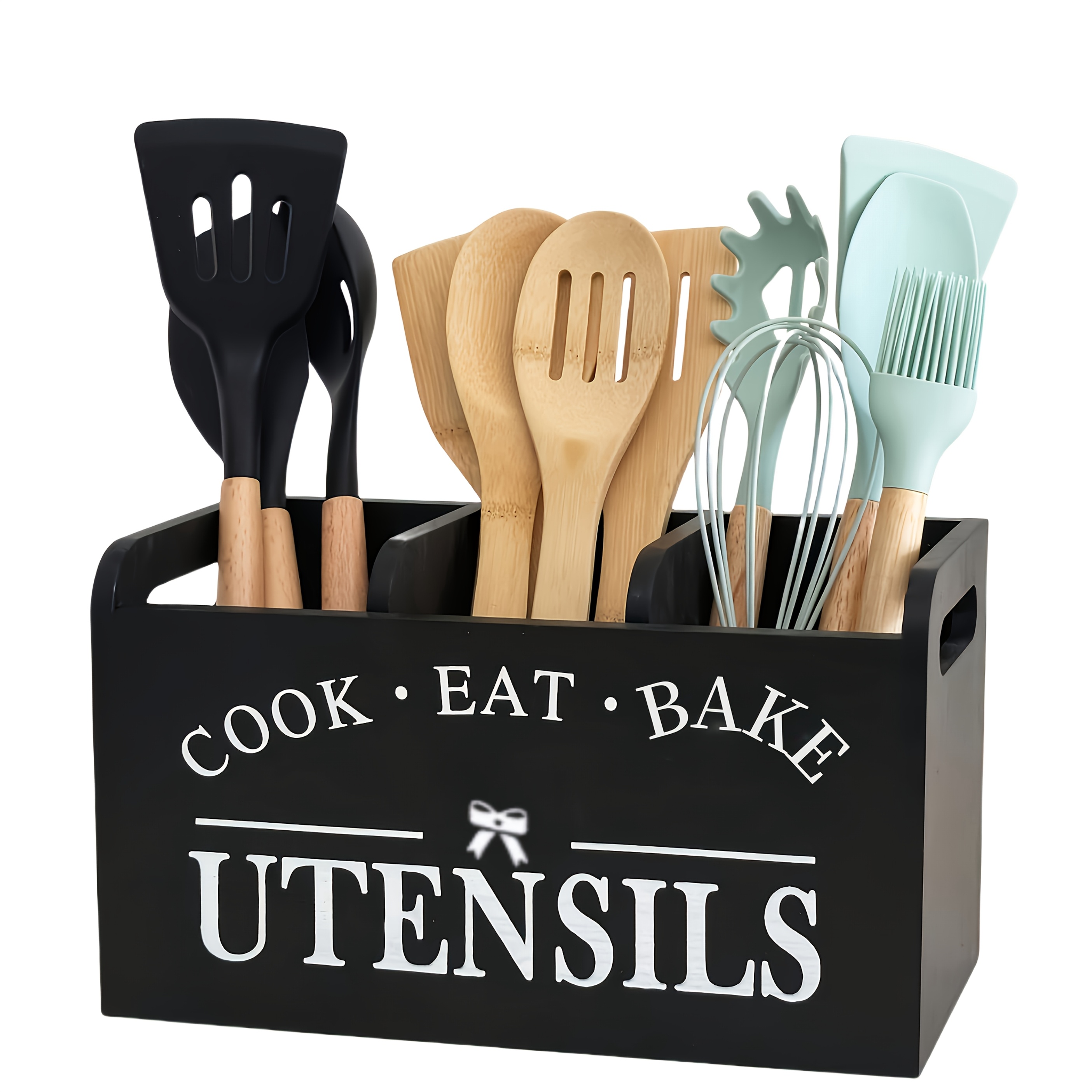 Soporte para utensilios de cocina con 3 compartimentos, organizador de utensilios de madera para encimera de cocina, decoración de cocina, utensilio de cocina: Gris claro