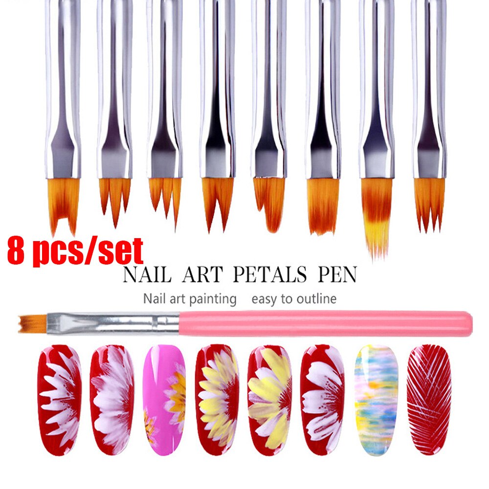 Pincel acrílico con mango de madera para manicura, pincel de dibujo de flores para pintura de uñas, 1/3/8 piezas