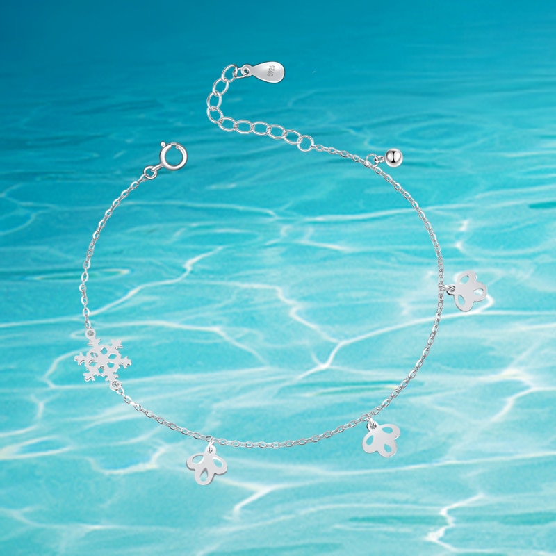 Real 925 Sterling Silver Anklet For Women Bohemian Anklet Bracelet Foot Jewelry.Sweet Snowflake Bell Anklets,not allergic