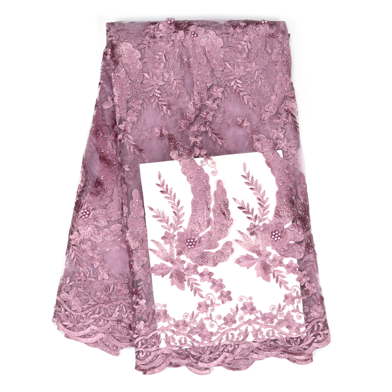 African beaded lace fabric embroidered Nigerian lace fabric French tulle lace fabric used in gold evening dresses: Pink