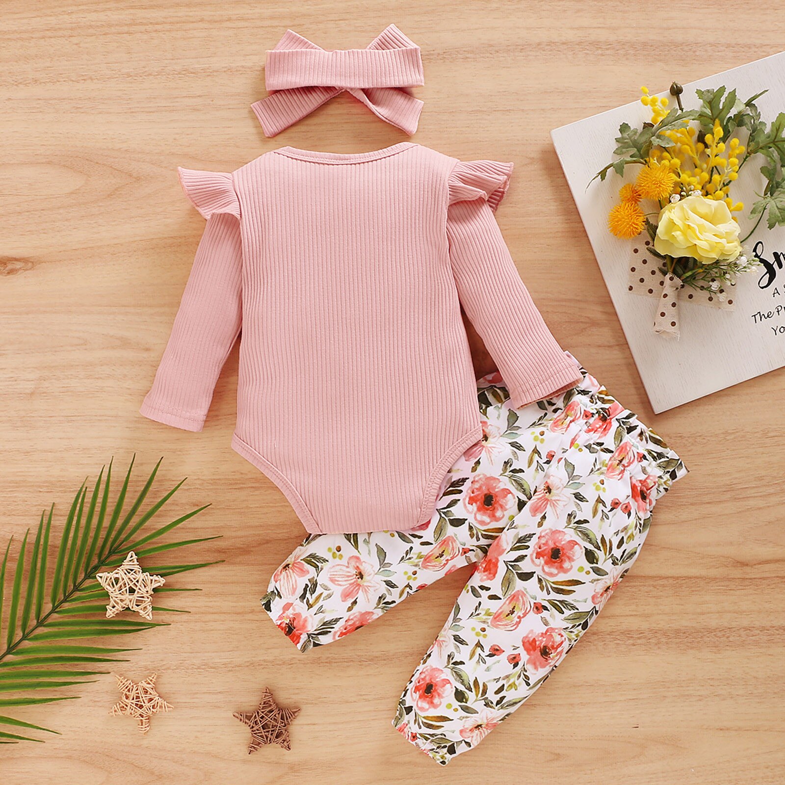 Vêtements pour bébés -né pour filles, barboteuse unie à volants, pantalon Floral, bandeau, vêtements d'hiver