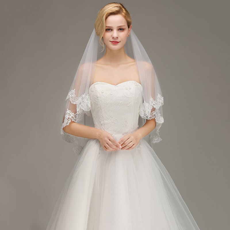 Velo de novia corto de dos capas con borde de encaje, velo de novia en tul, accesorios de boda, velo blanco marfil