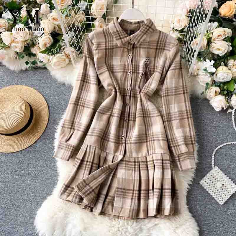Yuoomuoo vintage rutig långärmad skjortklänning höst flicka college kort veckad klänning sundress casual damklänning: Kaki
