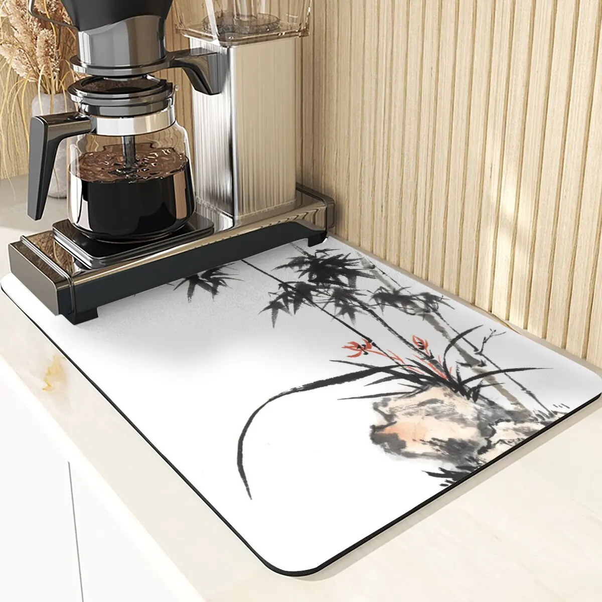 Chinese Stijl Absorberende Droogmat Voor Keuken Placemats Voor Tafel Gootsteen Diatomeeënaarde Mat Plant Patroon Siliconen Afwasmatten: L / Ivoor